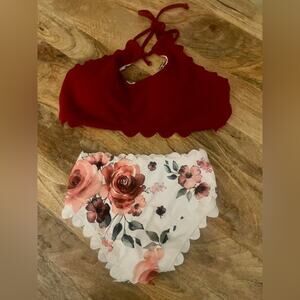 Bikini. Scalloped deep red top & floral V-cut high rise bottoms. XL. NWO…